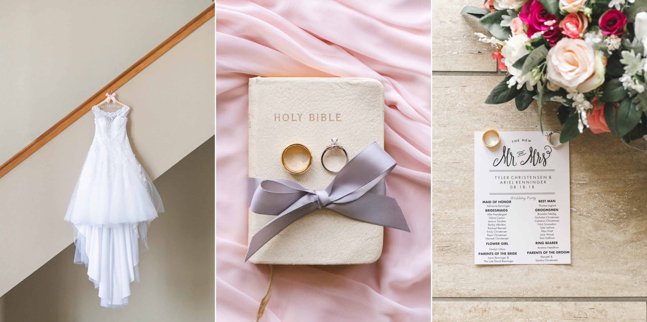 things you need for your wedding: bride's dress, wedding rings, and ceremony programs