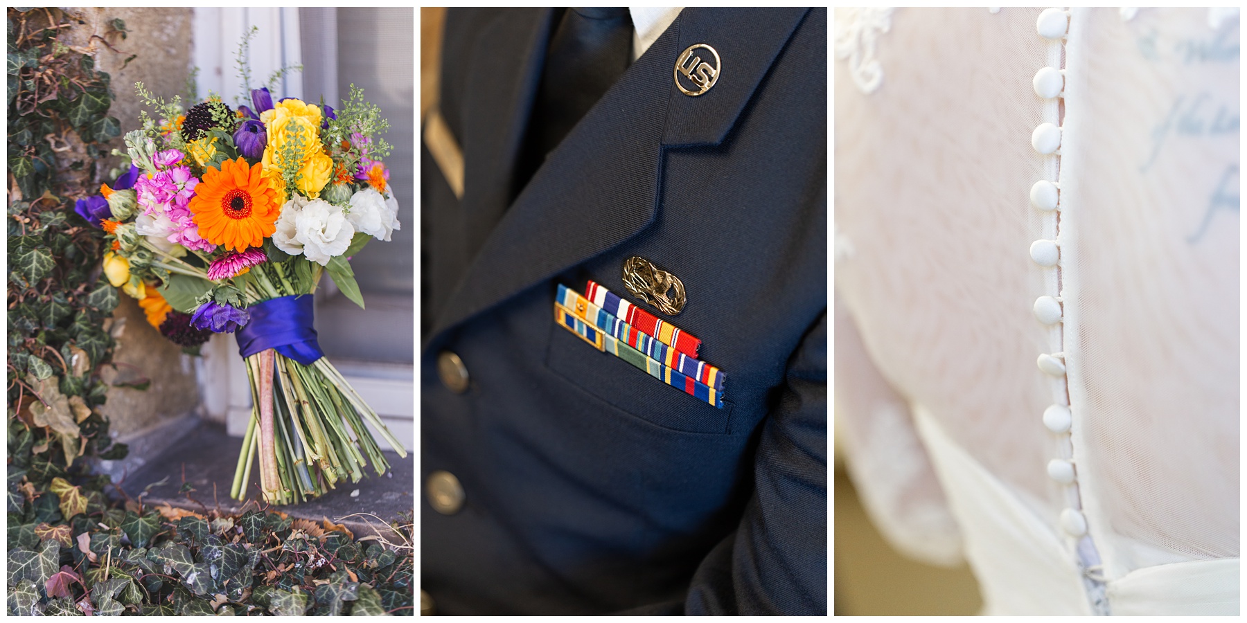 Wedding bouquet with military uniform and wedding dress