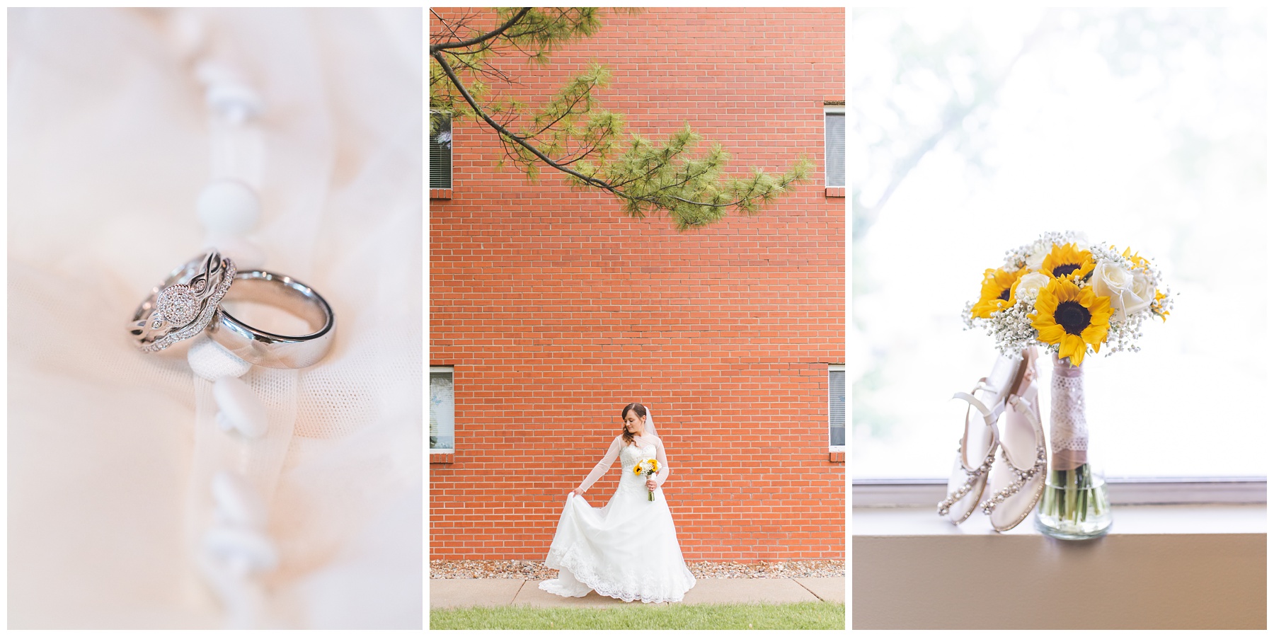 bride holding dress wedding rings and sunflower bridal bouquet Miranda Renee Photography
