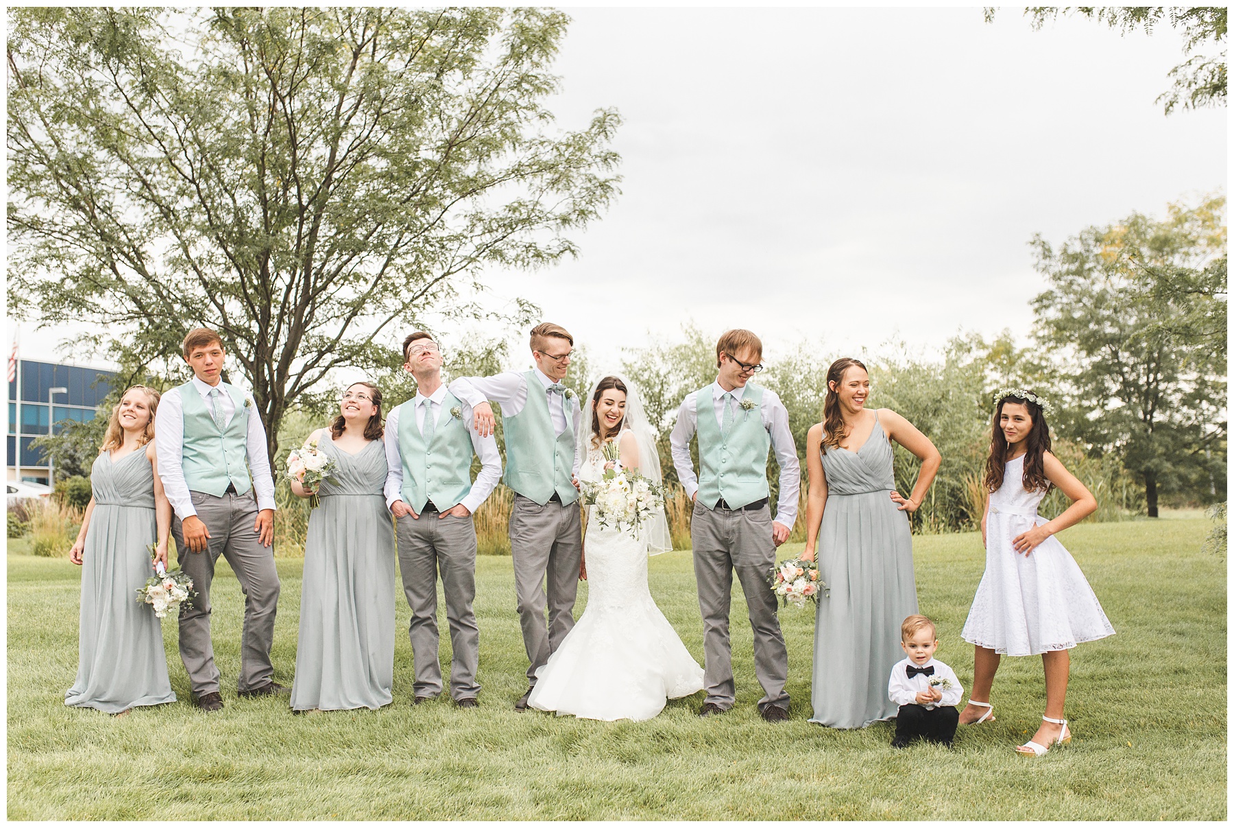 Wedding party in gray, sage, and white Cloudy wedding day