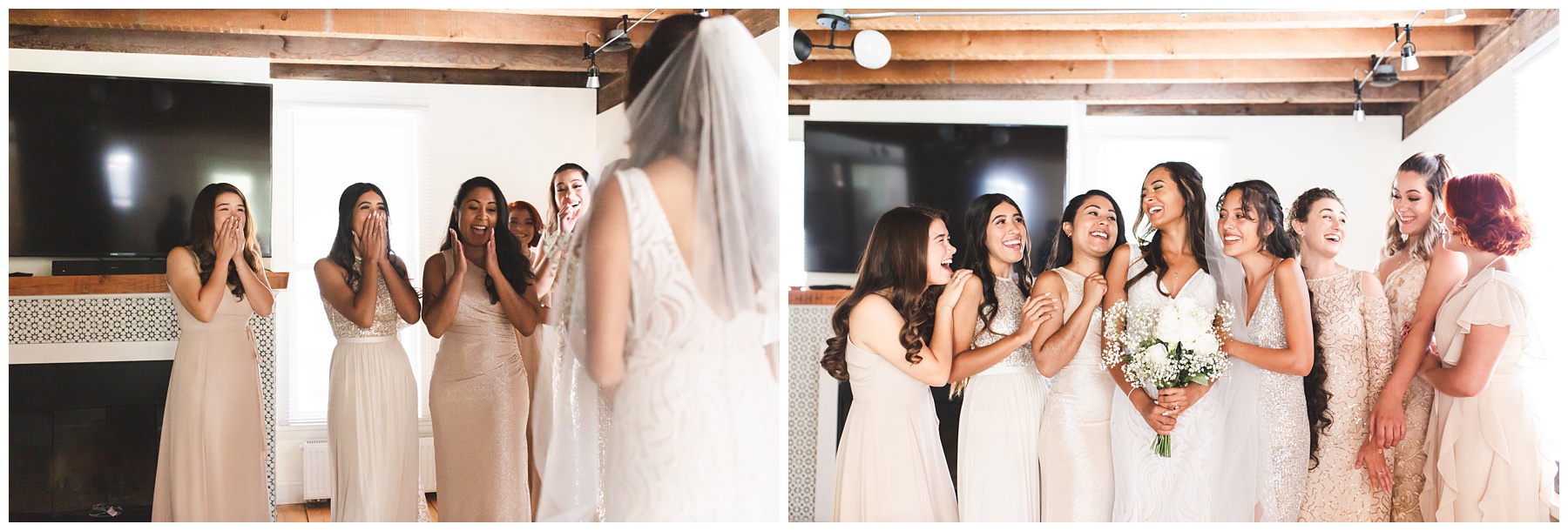 first look with the bridesmaids on the big day Miranda Renee Photography Boise Idaho gold and cream wedding