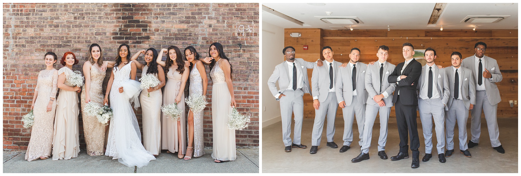 wedding party in a line dressed in neutral colors gold and cream wedding gray