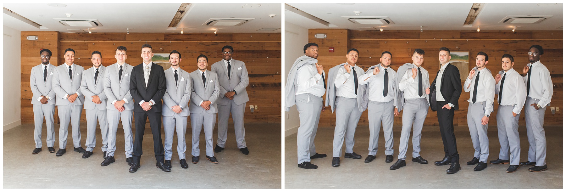 groomsmen posing with jackets off their shoulders gold and cream wedding
