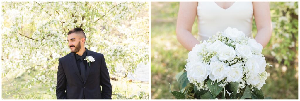 groom under blooming tree, bride holding bouquet of white roses and babys breath boise elopement