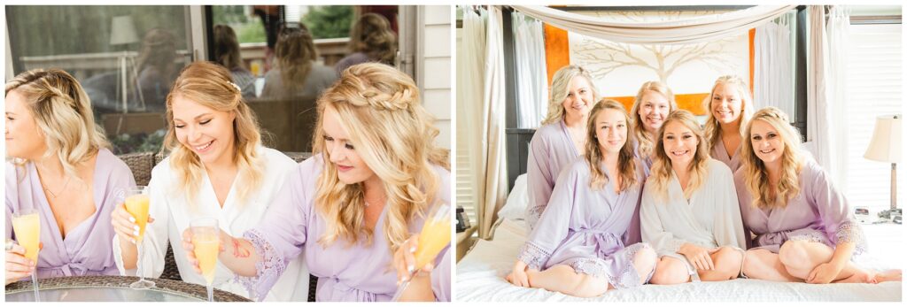 bride and bridesmaids with mimosas sitting on bed Natural light wedding