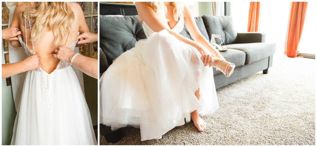 bride getting her dress on and putting on her shoes in Boise Idaho by Miranda Renee Photography.
