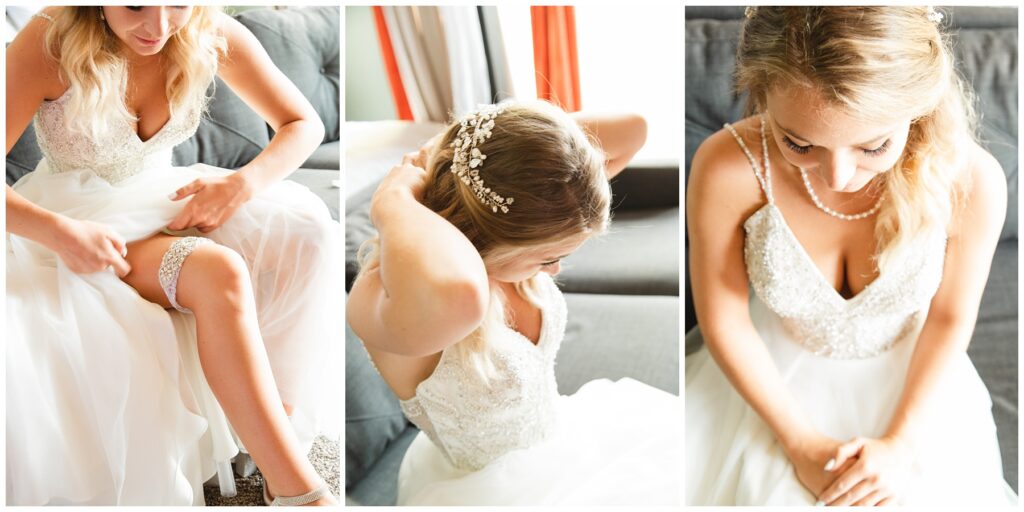 bride putting on garter and necklace in Idaho Miranda Renee Photography