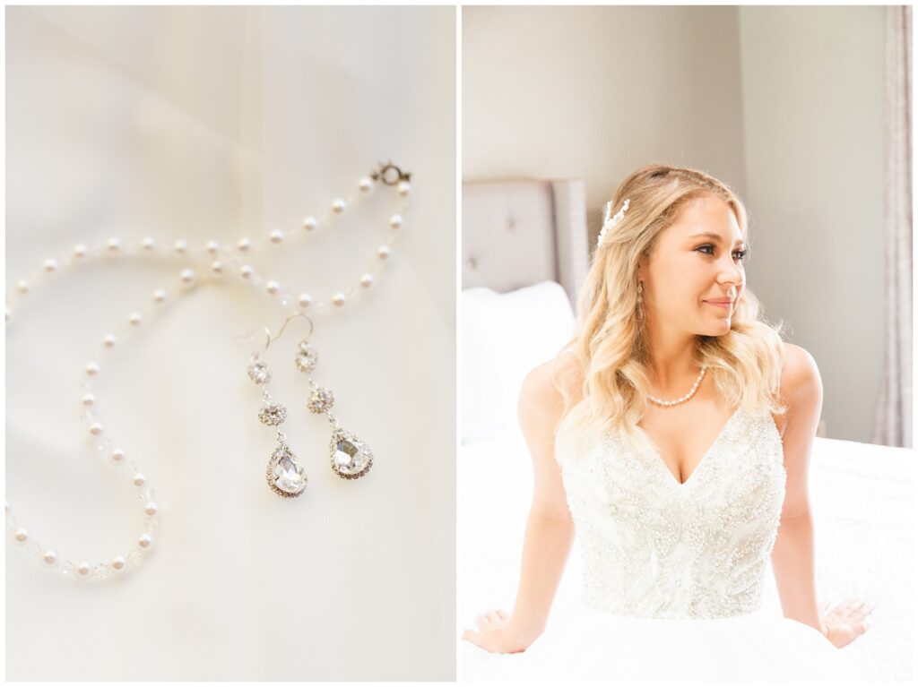 pearl necklace and earrings bride sitting on bed
