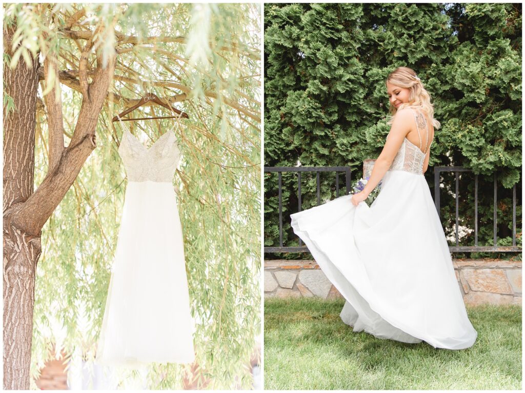 wedding gown hanging in a weeping willow tree in Boise Idaho, bride dancing in dress.
natural light June wedding