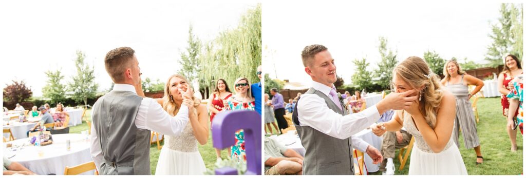 groom and bride feeding each other cake in Boise Idaho at their wedding