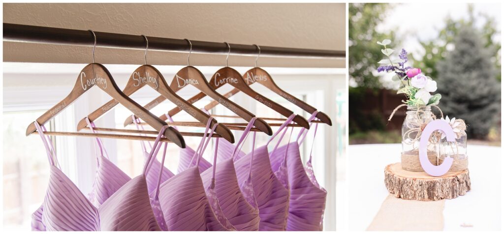 bridesmaids dresses hanging on personalized hangers