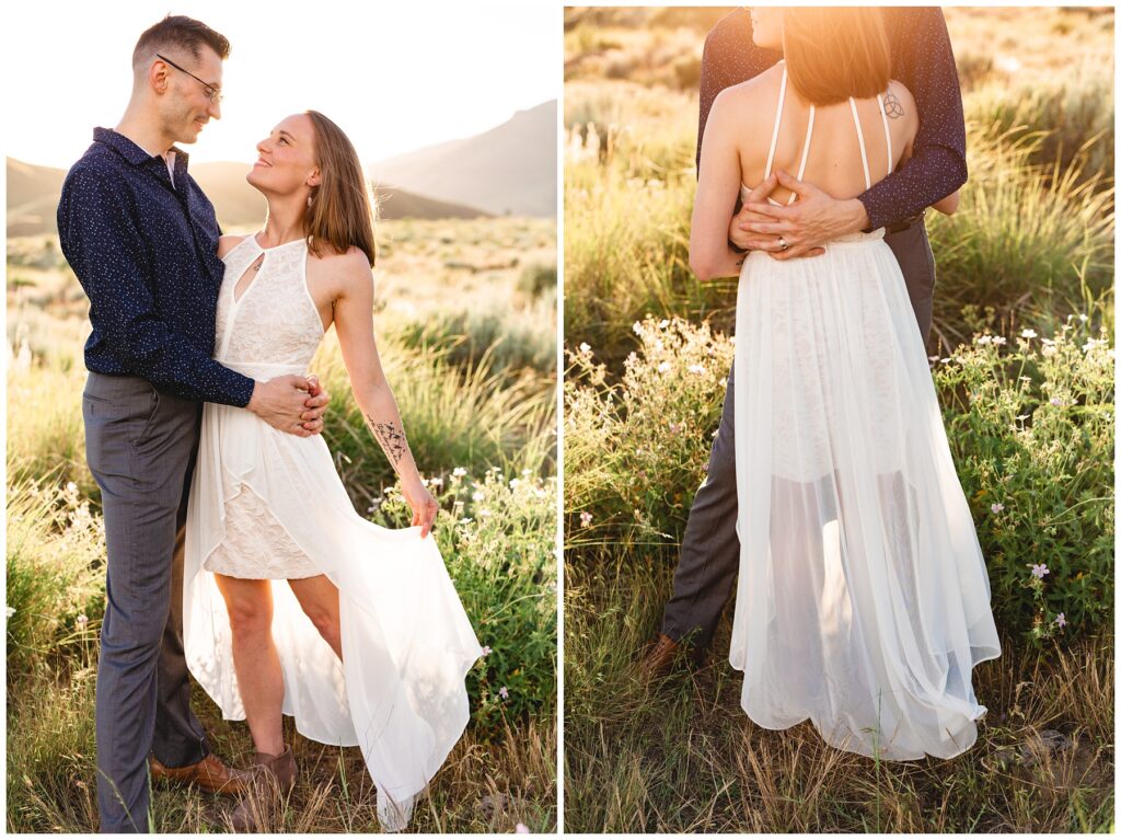 Sunset elopement photo session with sun flares in tall grass and wild flowers