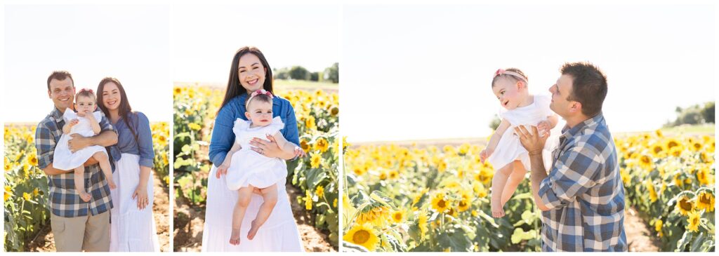 sunflower farm photo session in Caldwell Idaho family smiling at camera