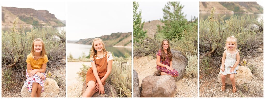 individual pictures of each girl sitting on different rocks in Boise Idaho Miranda Renee Photography