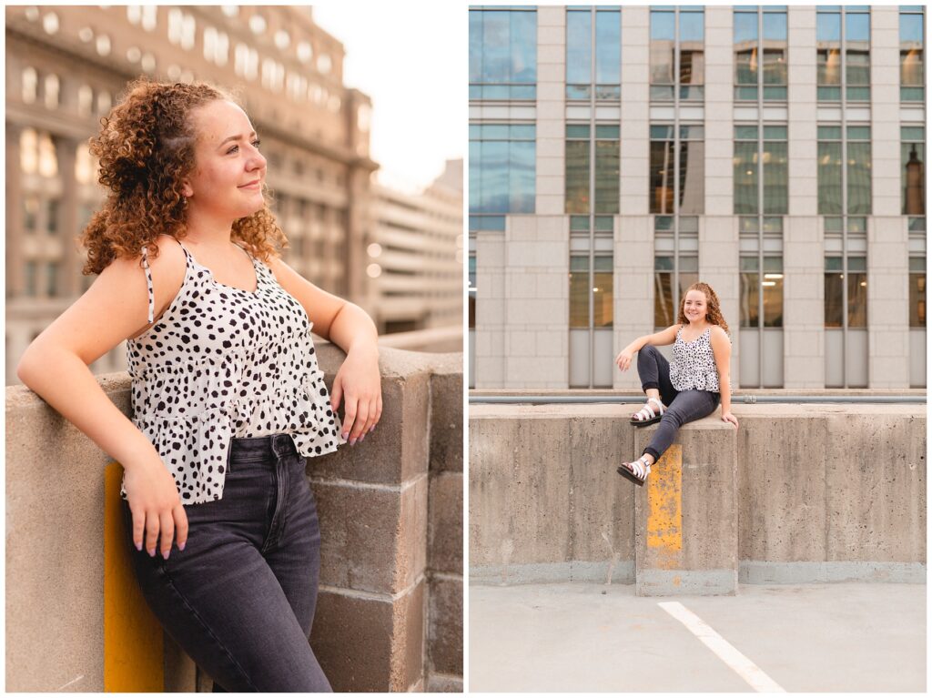 girl in black jeans and white top with black polka dots in Boise Idaho at sunset Miranda Renee Photography