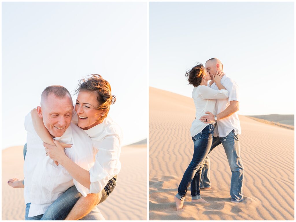 sunset family photos Couple hugging and kissing on the sand dunes Miranda Renee Photography