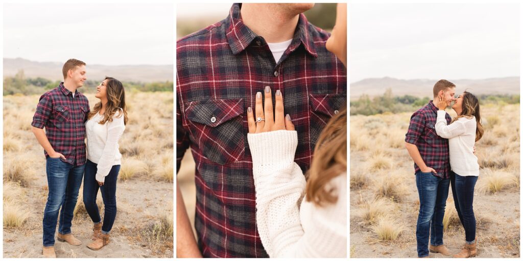 Sand Dunes engagement session couple smiling and kissing, close up of engagement ring in Bruneau Miranda Renee Photography