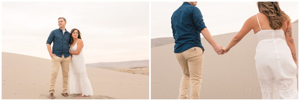 couple holding hands on the sand dunes in Boise Idaho Miranda Renee Photography