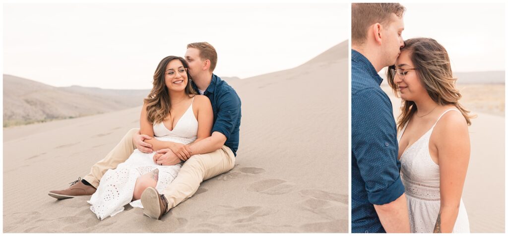 Natural light photography Candid Engagement Photos couple sitting on sand