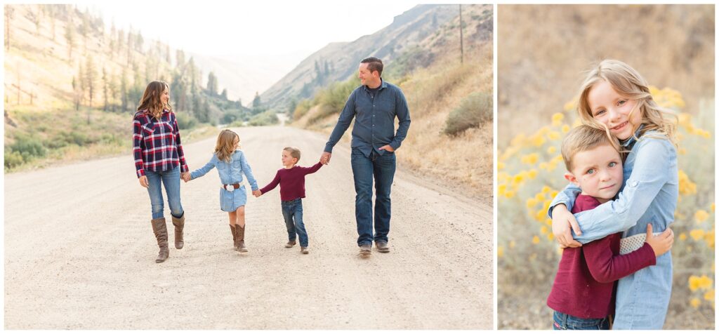 family holding hands and walking toward camera wearing fall colors in Pine Idaho Miranda Renee Photography