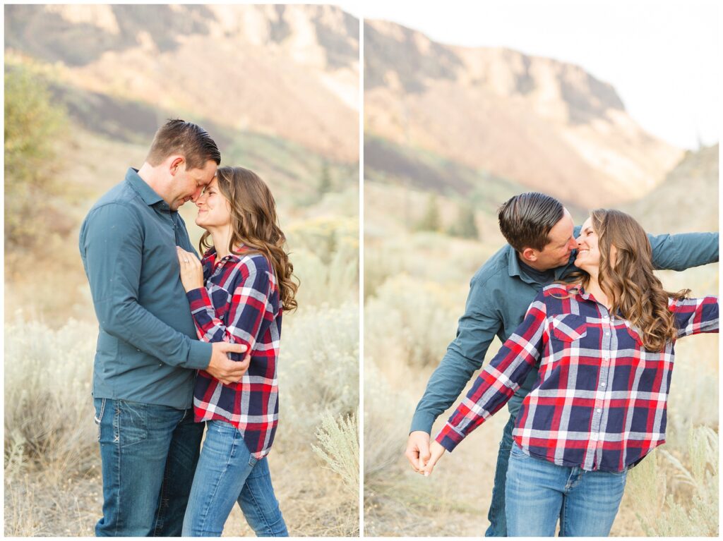couple wearing plaid during Family Pictures at Anderson Dam smiling at each other in Mountain Home Idaho