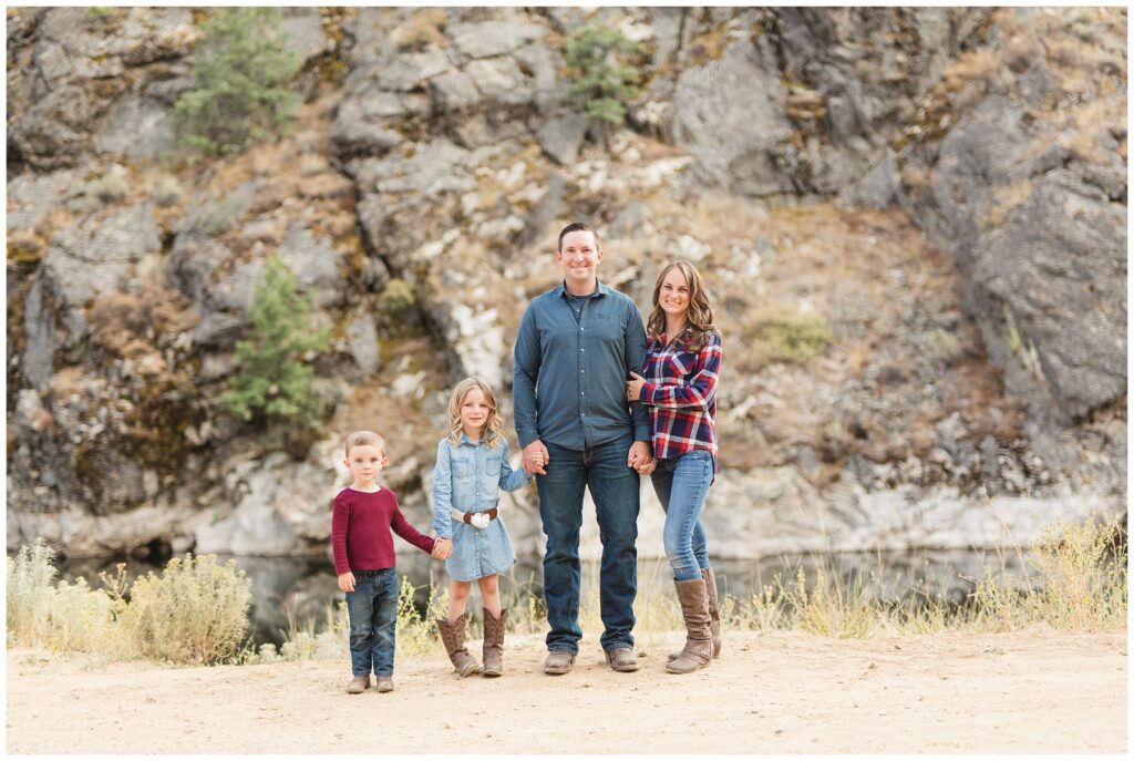 Family Pictures at Anderson Dam, family in front of rock cliff in Featherville Idaho Miranda Renee Photography