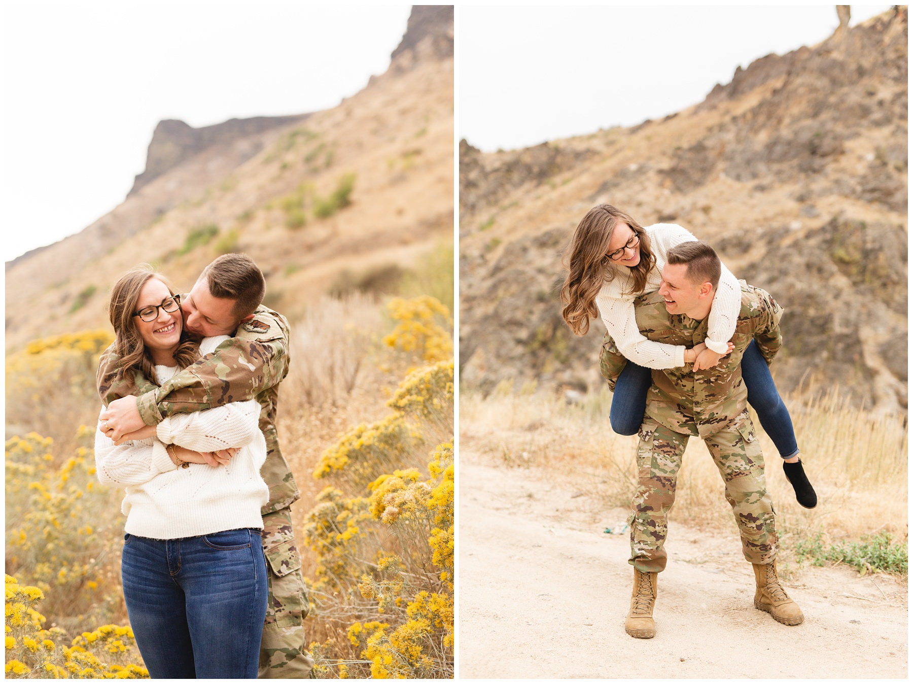 couple hugging and giving piggy back rides. husband in military OCPs, at sunset in natural light. Boise Photo Session by Miranda Renee Photography