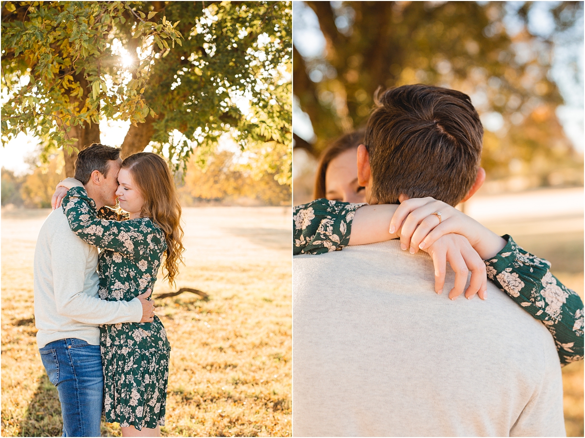 Couple hugging in the sunset under a tree. destination engagement photos Miranda Renee Photography