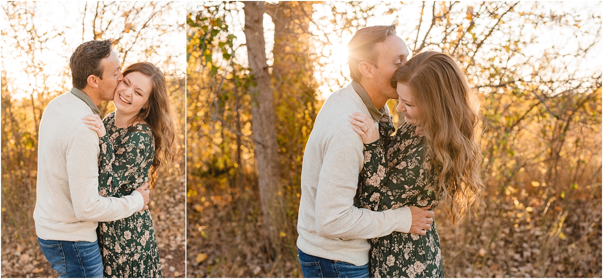 man giving woman a kiss attack with the sunset behind them destination engagement photos
