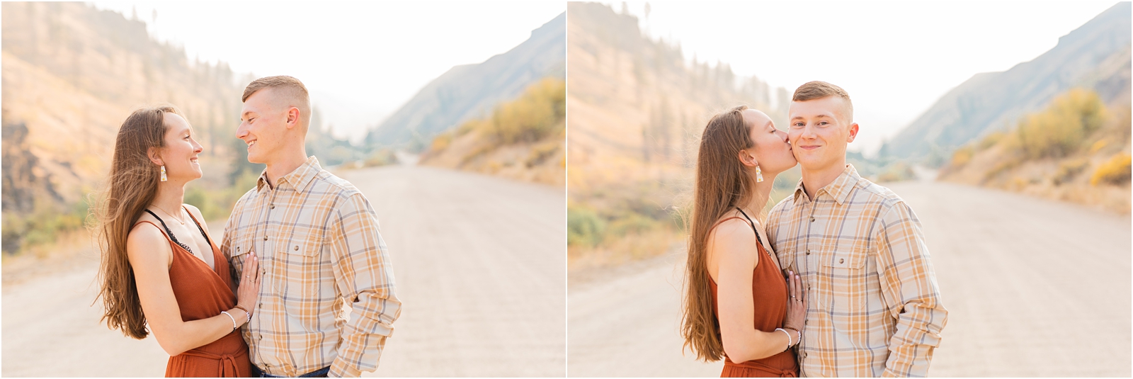 woman kissing her fiance on the cheek with mountains in the background during a Couples' Photo Session. Miranda Renee Photography