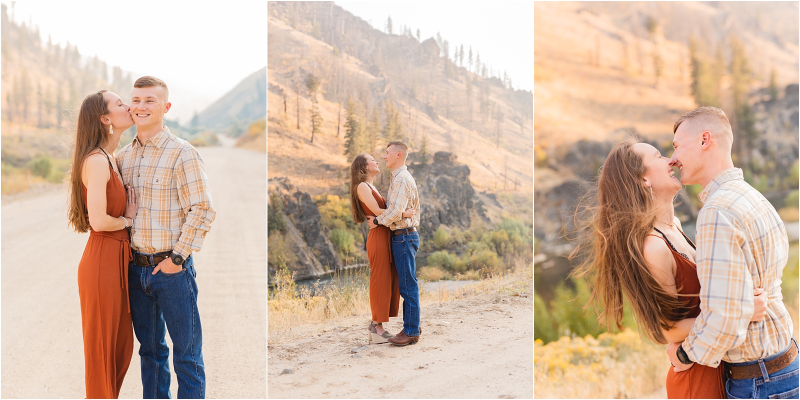 engaged Couples' Photo Session with mountains in the background at sunset in Idaho