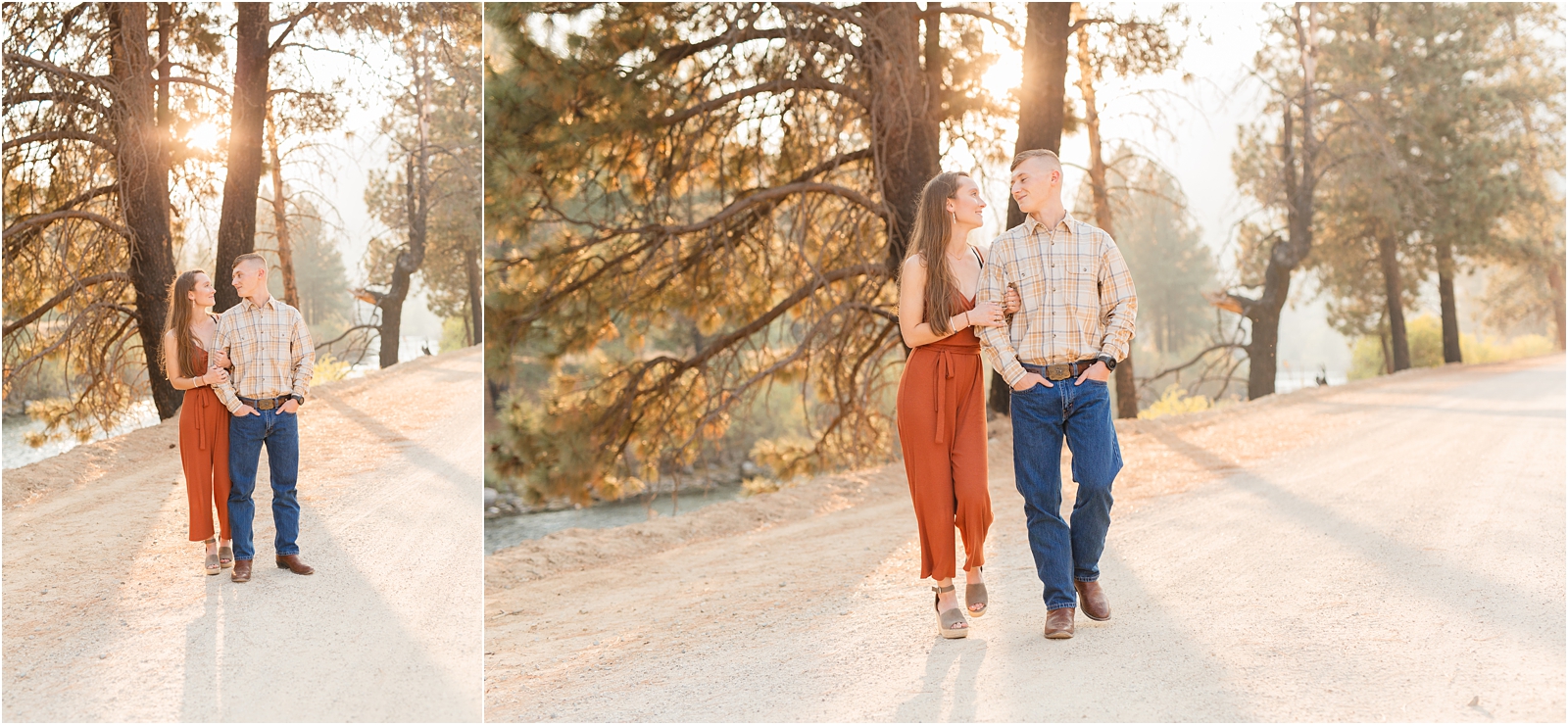 couple walking toward camera looking at each other with the sun setting behind them. Taken by Miranda Renee