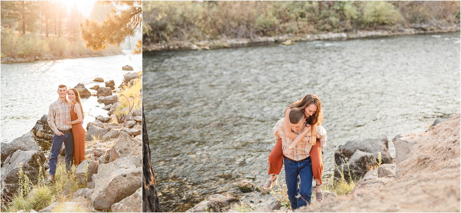 engaged couple on the rocks by the water during their Couples' Photo Session at Anderson Dam Idaho. Miranda Renee Photos