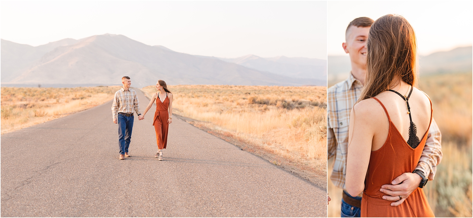 future mr and mrs walking toward camera holding hands with mountains in the background in Idaho. Miranda Renee Photography