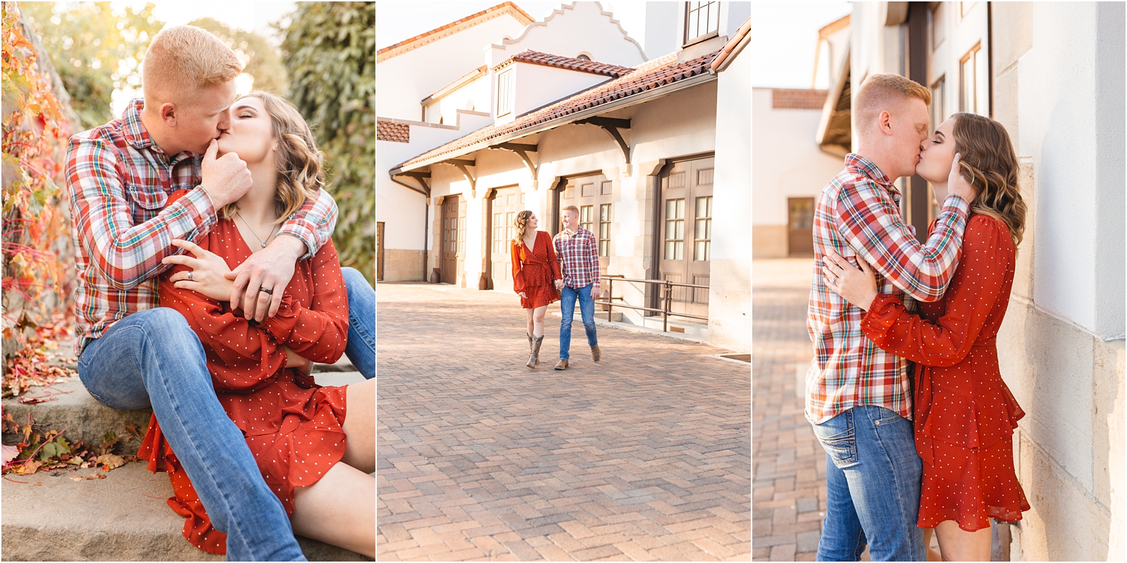 Couple in plaid and polka dots kissing by the Boise Depot