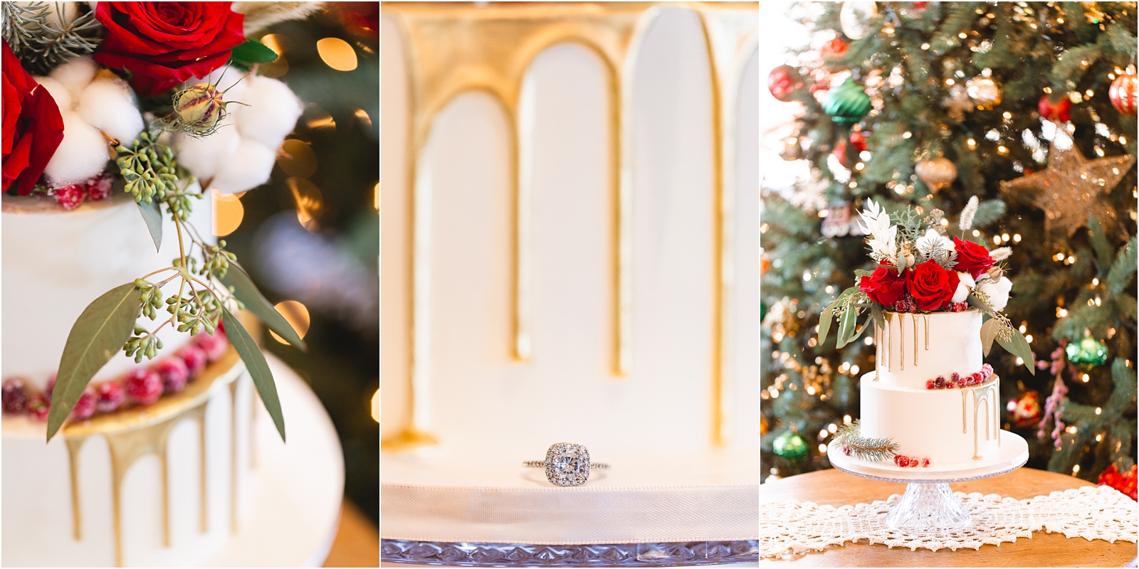 Gold drip wedding cake and Christmas tree