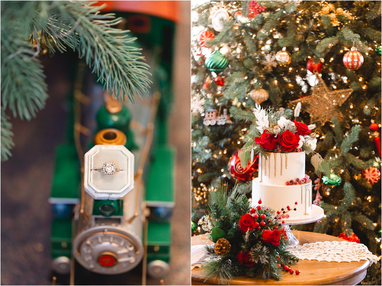 Ring in velvet ring box on train. Polar express themed Christmas Wedding in Idaho