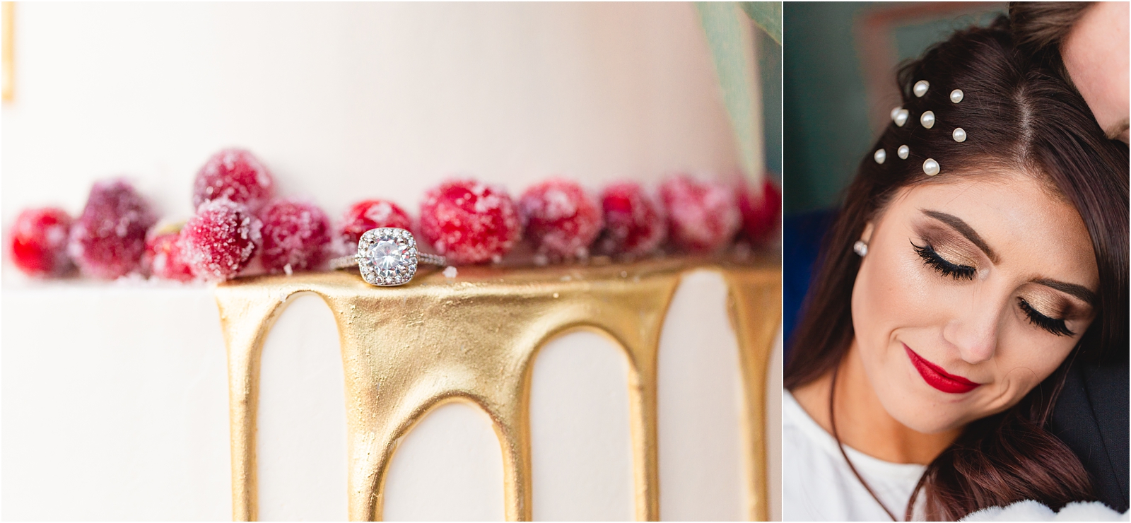 detail shots of engagement ring on gold drip cake and bride's makeup