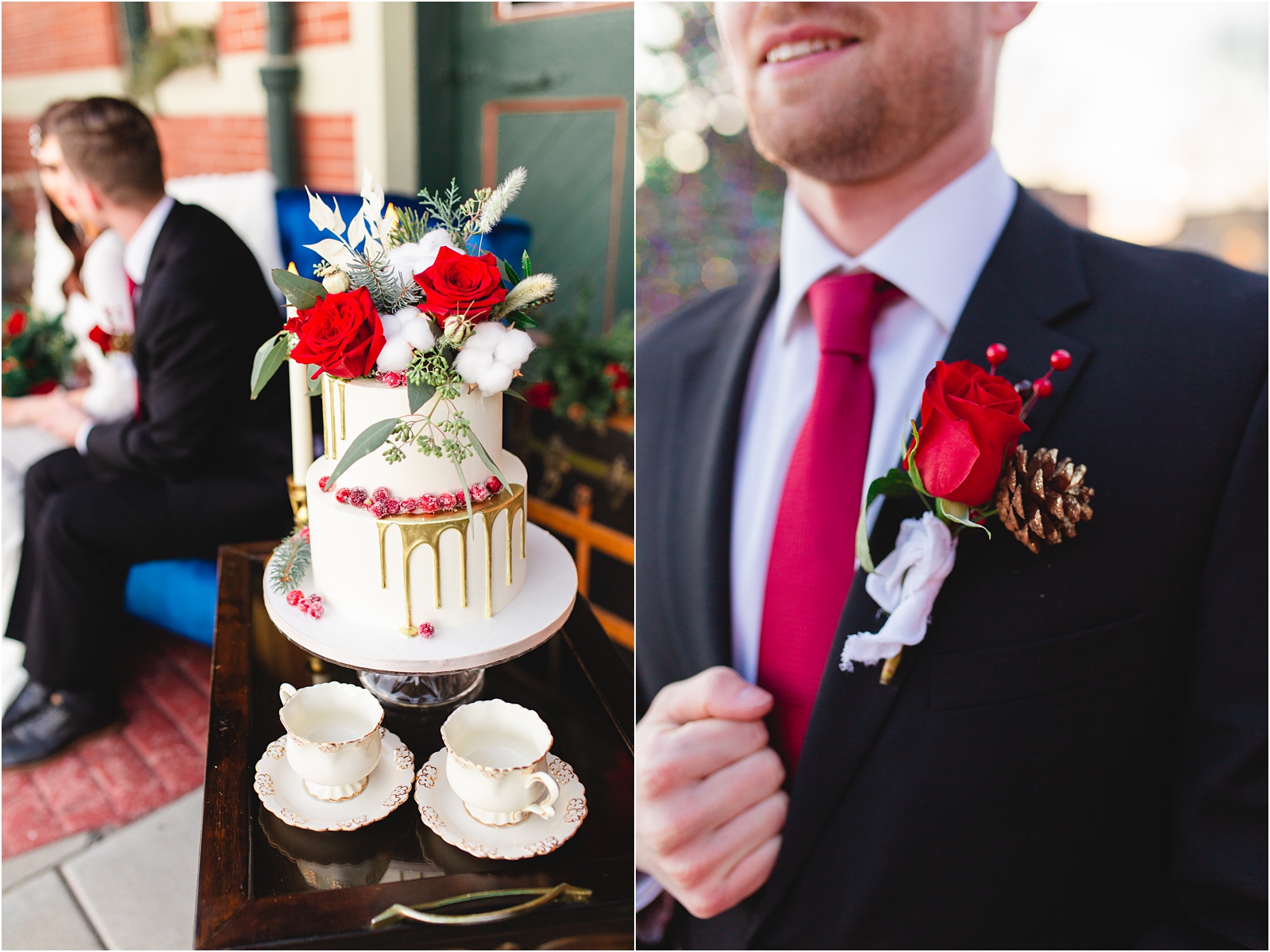 Christmas Wedding in Idaho. groom's boutonnière of rose and pinecone. Boise photographer