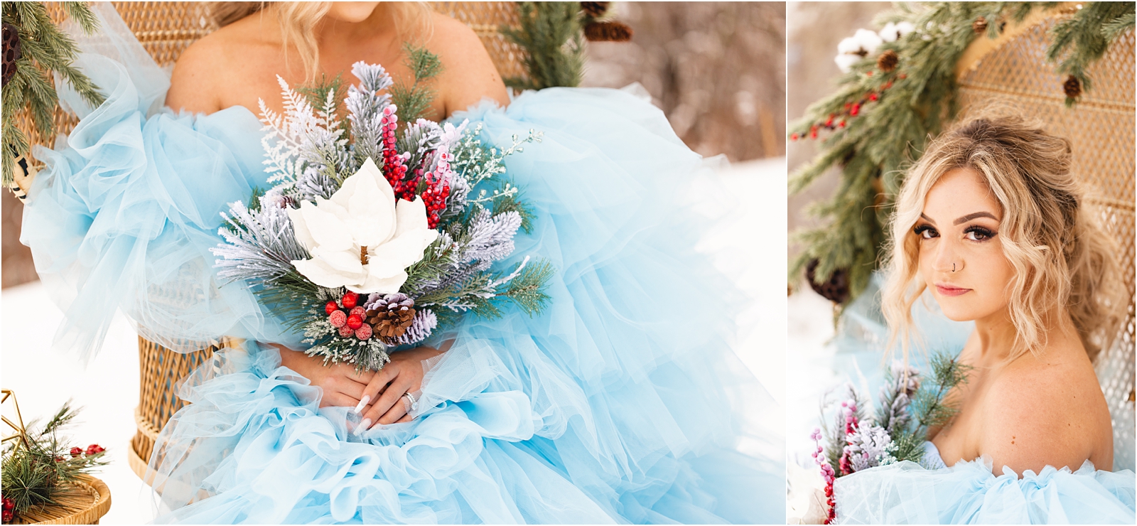winter bride in Boise Idaho in blue chiffon dress holding winter flowers and pine