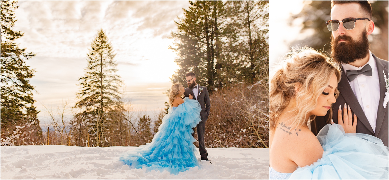 Winter Wedding in Idaho bride and groom standing on the edge of the mountain with Boise in the background