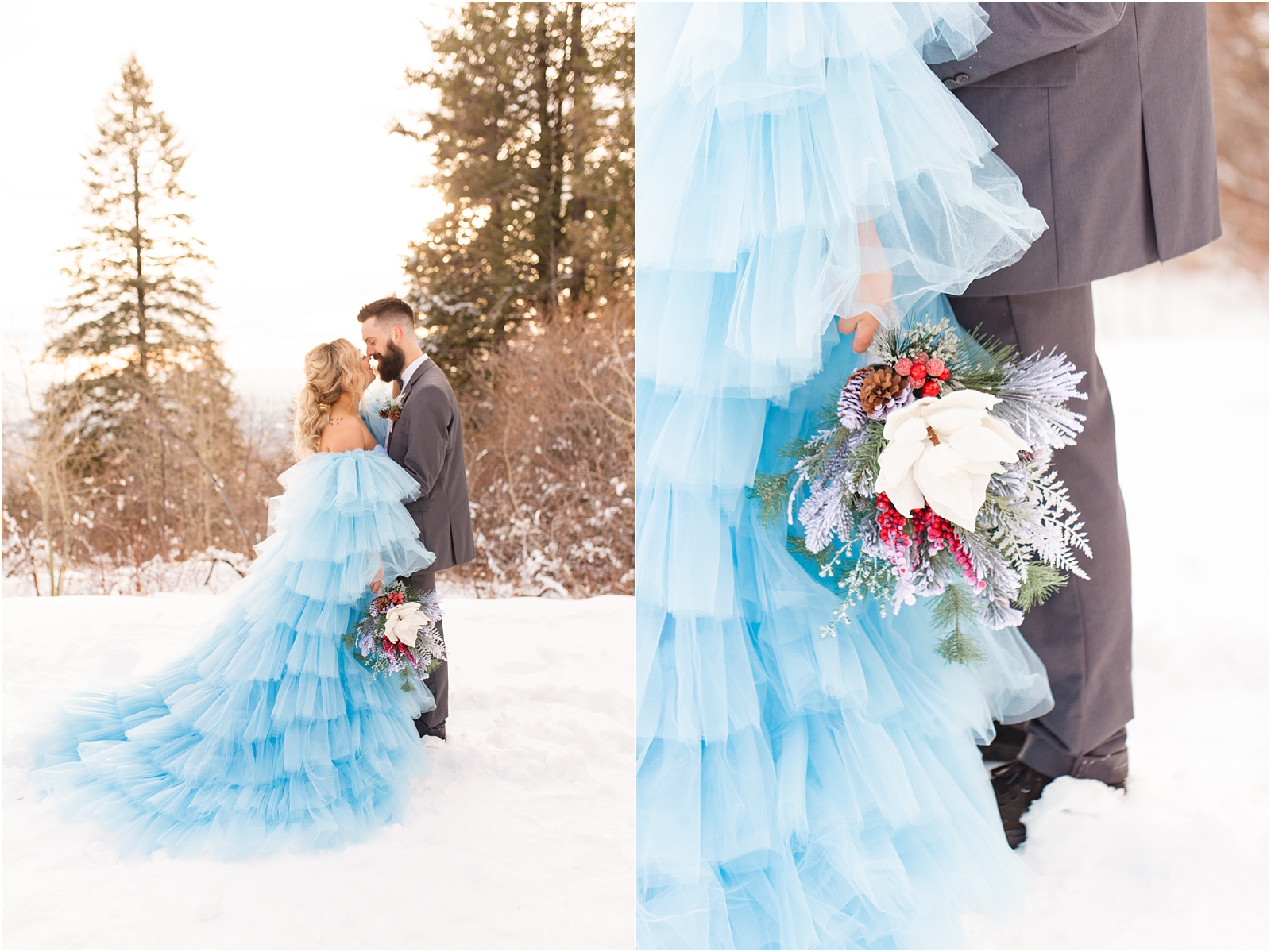 Bride and groom about to kiss on a snowy mountain top Winter Wedding in Idaho