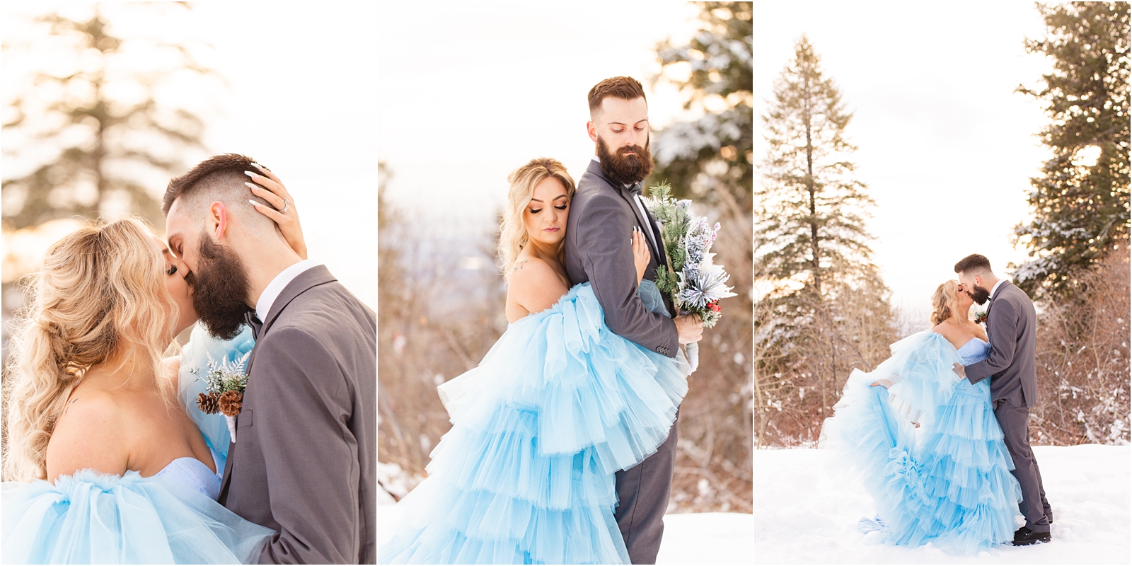 bride in non-traditional blue chiffon dress and groom in gray tux with bowtie on top of a snowy mountain in Boise Idaho photo by Miranda Renee Photography