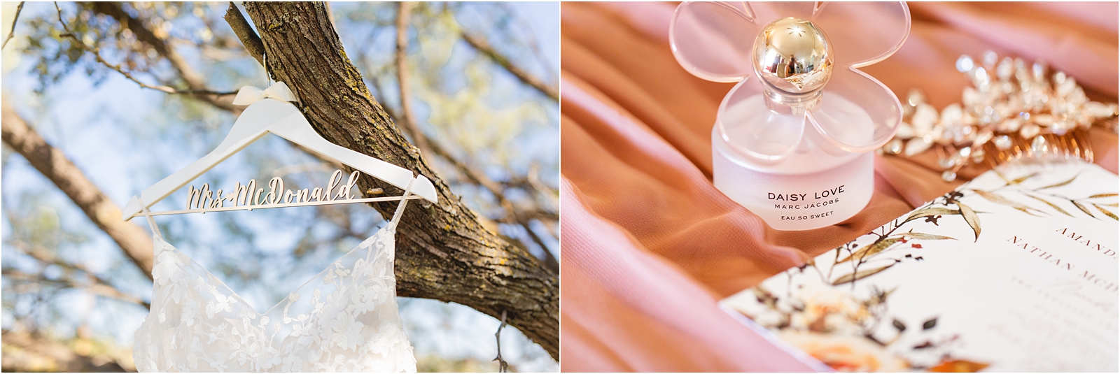 Wedding dress hanging on personalized wedding hanger in a tree for a Destination Wedding - TX. detail shot of perfume bottle