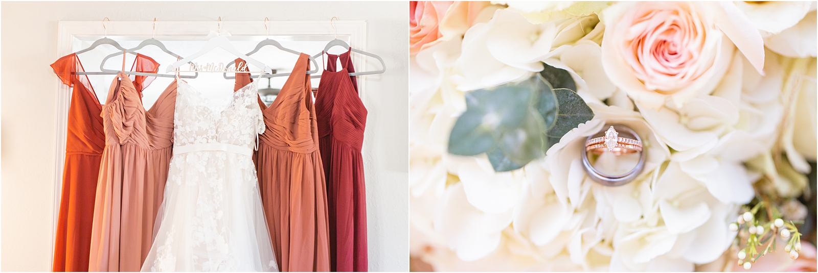 Bride and bridesmaids dresses hanging next to each other. Mauve, rust, and red. Up close detail image of wedding ring for Destination Wedding - TX