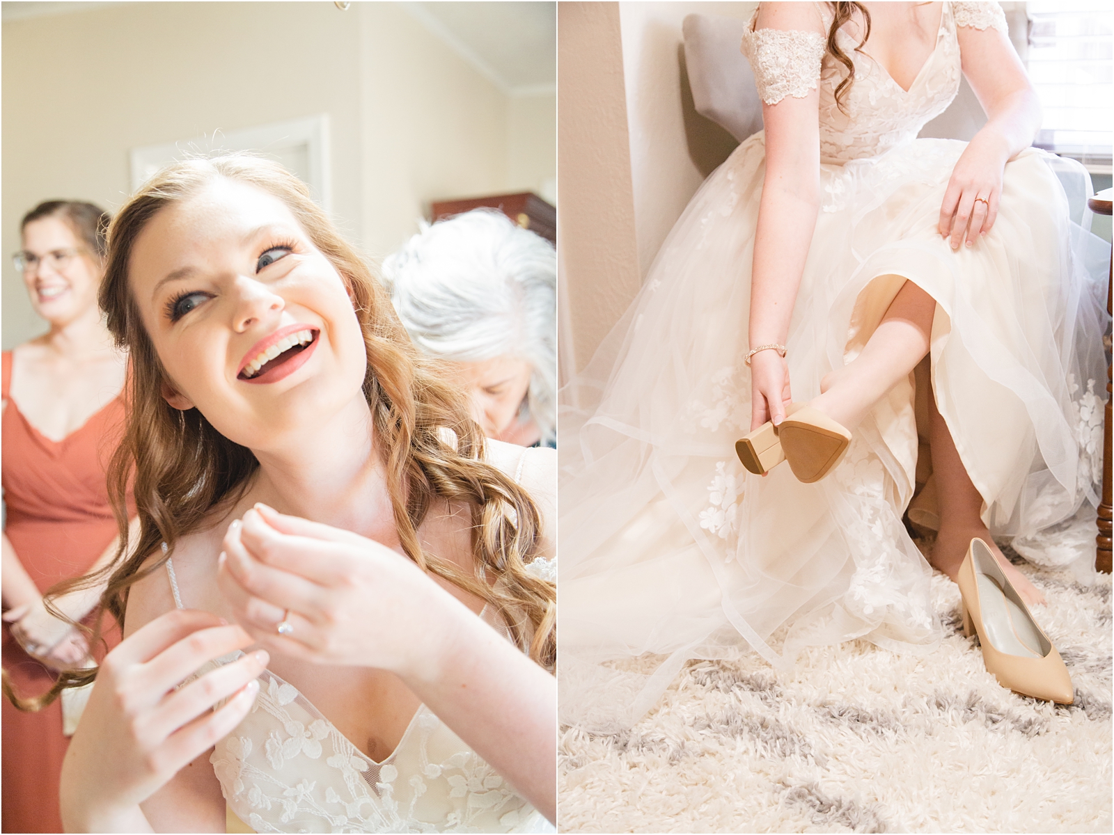 Bride putting on earrings and shoes in Boise Idaho, Photo by Miranda Renee Photography