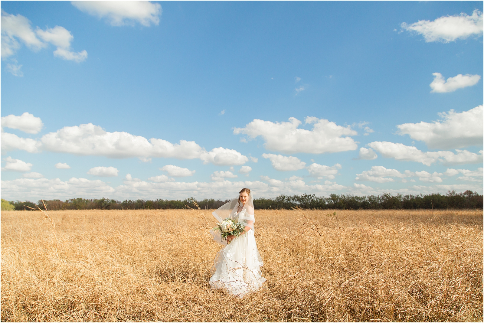 bridal portrait of bride standing in tall wheat grass with blue skies and big white clouds. by Miranda Renee