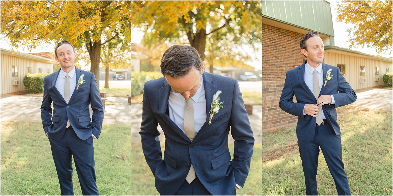 Boise Idaho groom posing for pictures in a navy suit Destination Wedding - TX
