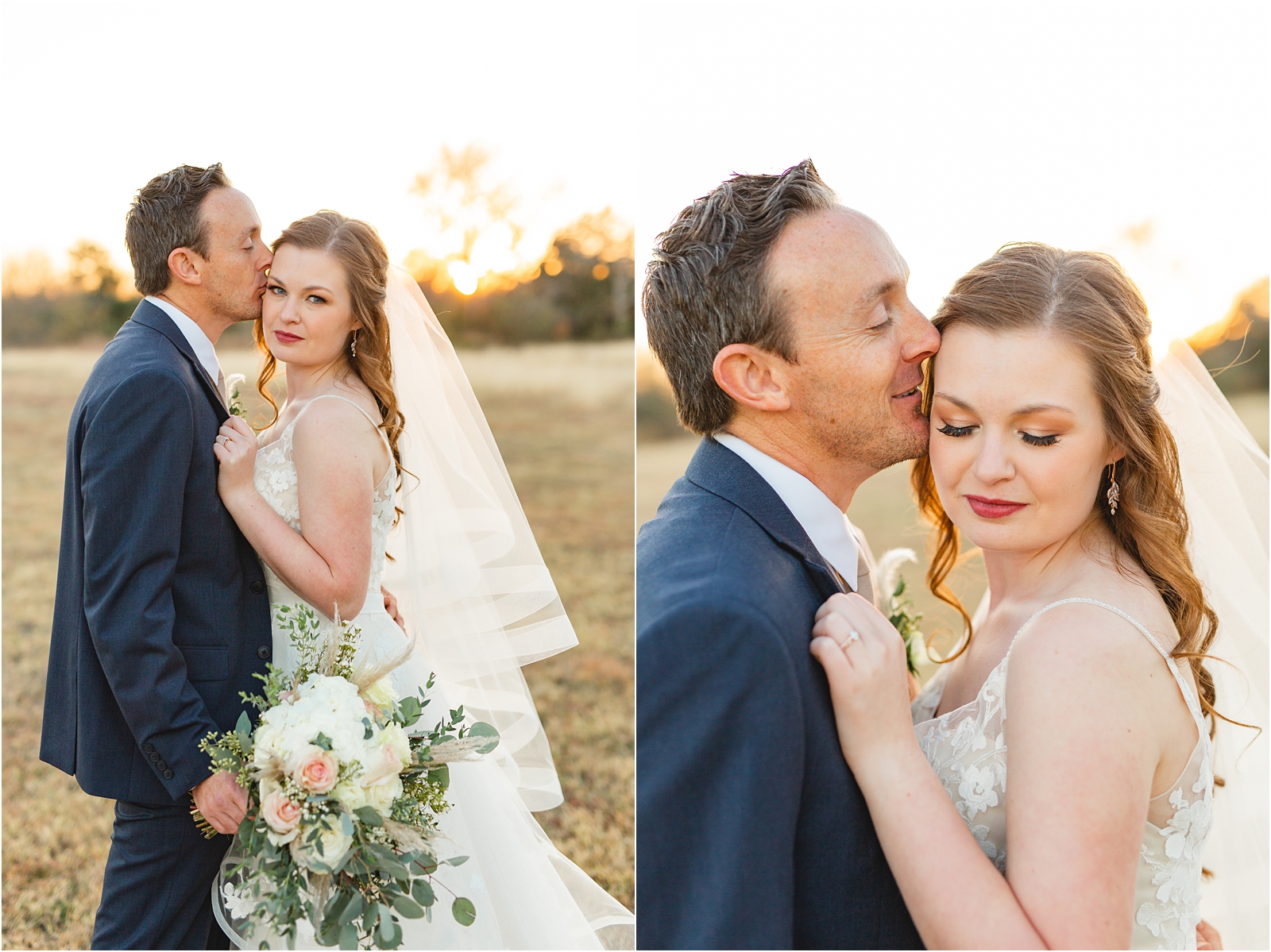 bride looking at the camera, groom kissing her face. Photos by Miranda Renee Photography
