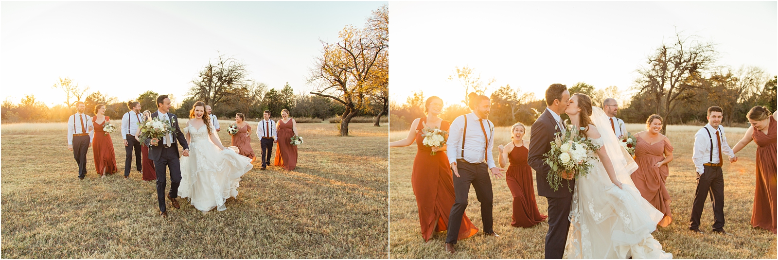 Wedding party walking toward camera with sunset in the background